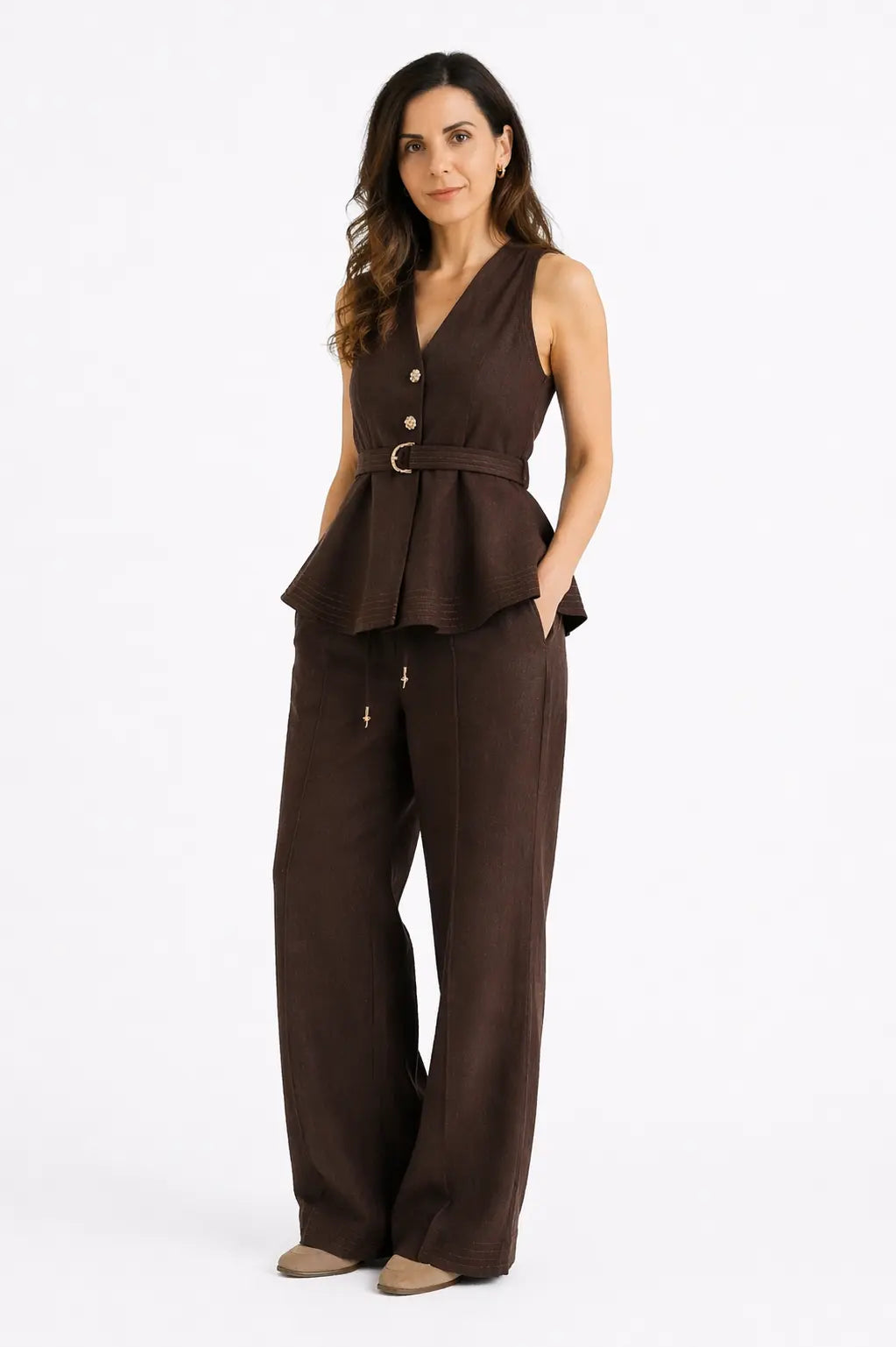 BROWN LINEN BLEND TAILORED CO-ORD SET