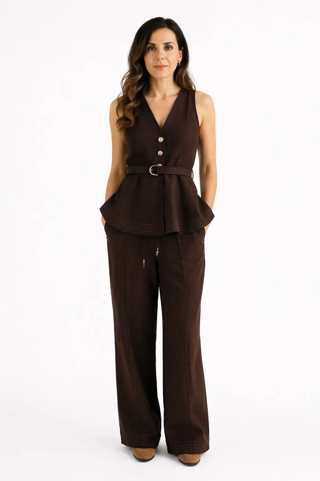 BROWN LINEN BLEND TAILORED CO-ORD SET
