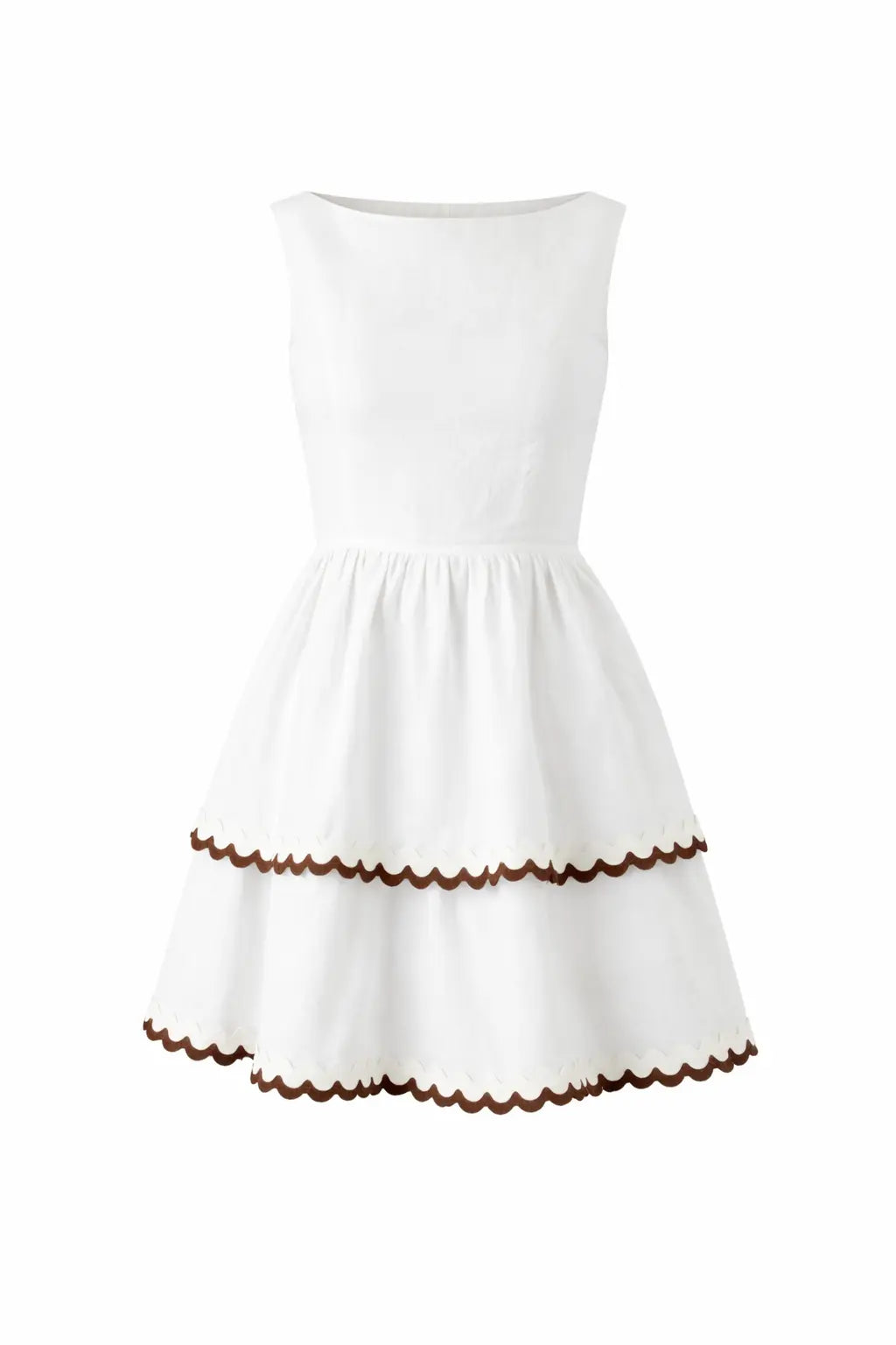 Stylish Bianca Mini Dress in white linen with scallop detailing and a tiered skirt, perfect for warm weather.
