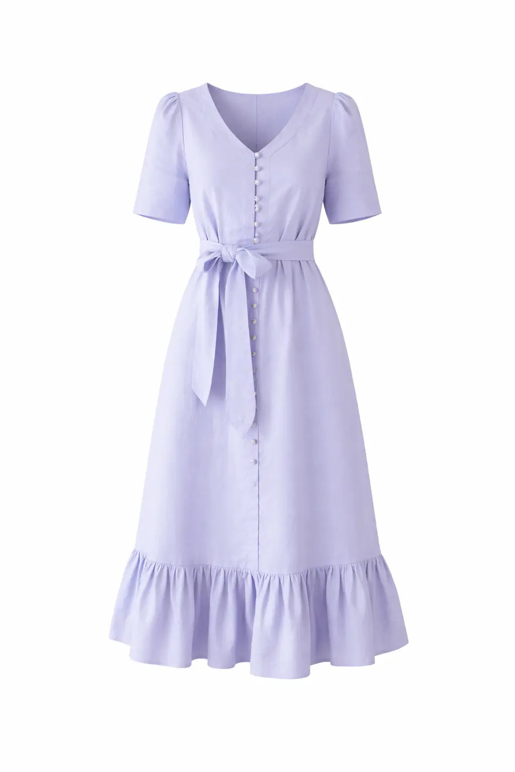 Lavender dress with a belt on a white background