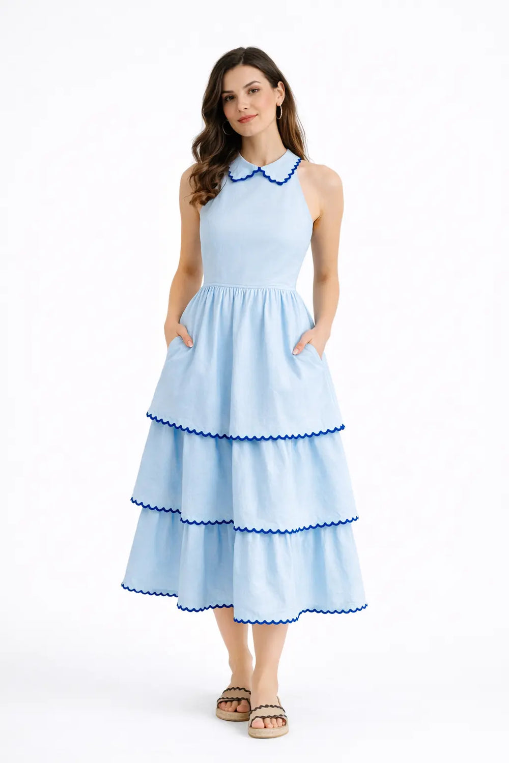 BLUE LINEN TIERED MIDI SUMMER DRESS