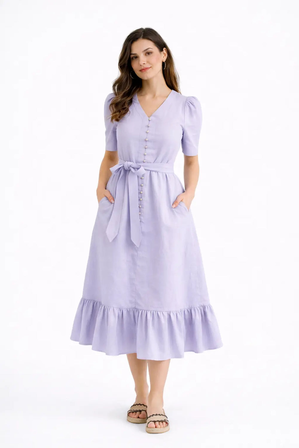 LILAC LINEN PEARL BUTTON MIDI DRESS