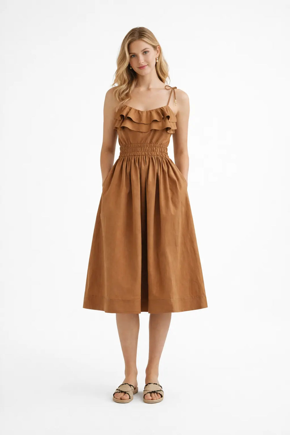 CARAMEL COTTON GATHERED RUFFLE MIDI DRESS