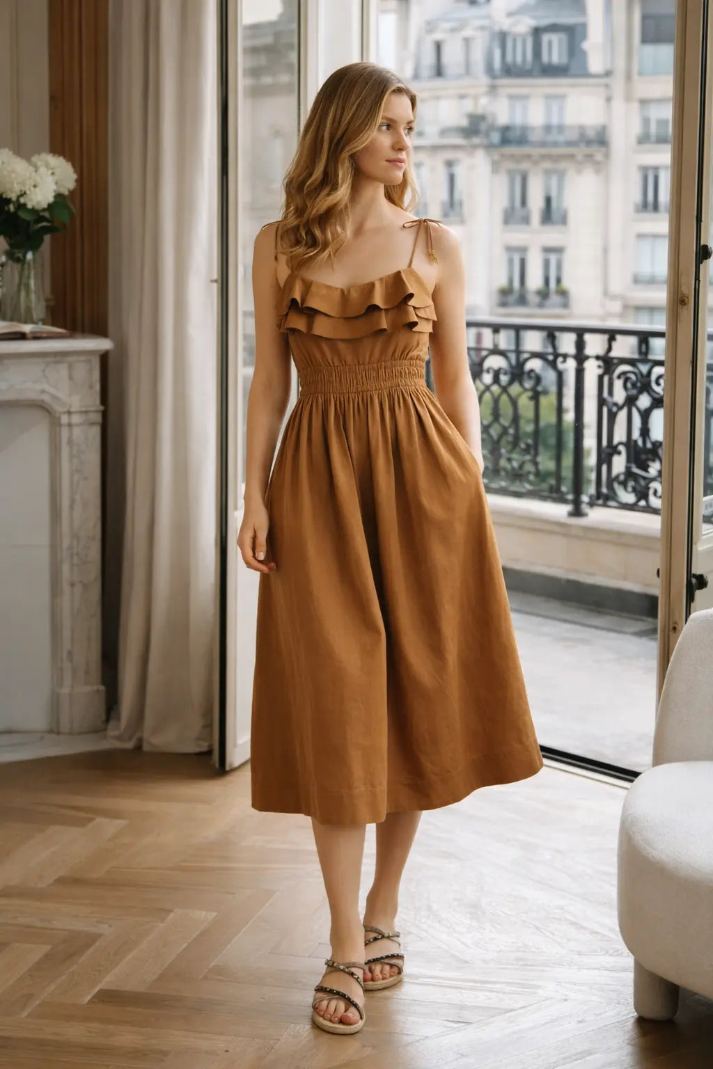 Woman in a brown dress standing in a stylish room with large windows.