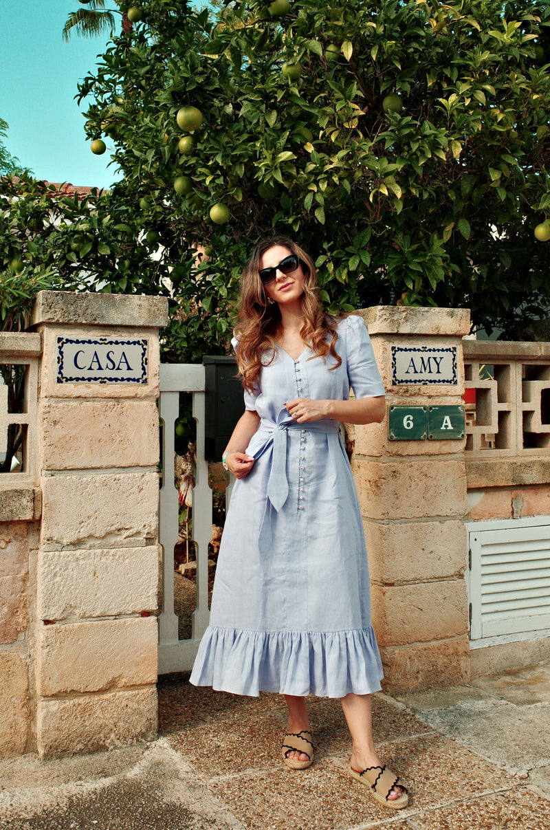 LILAC LINEN PEARL BUTTON MIDI DRESS